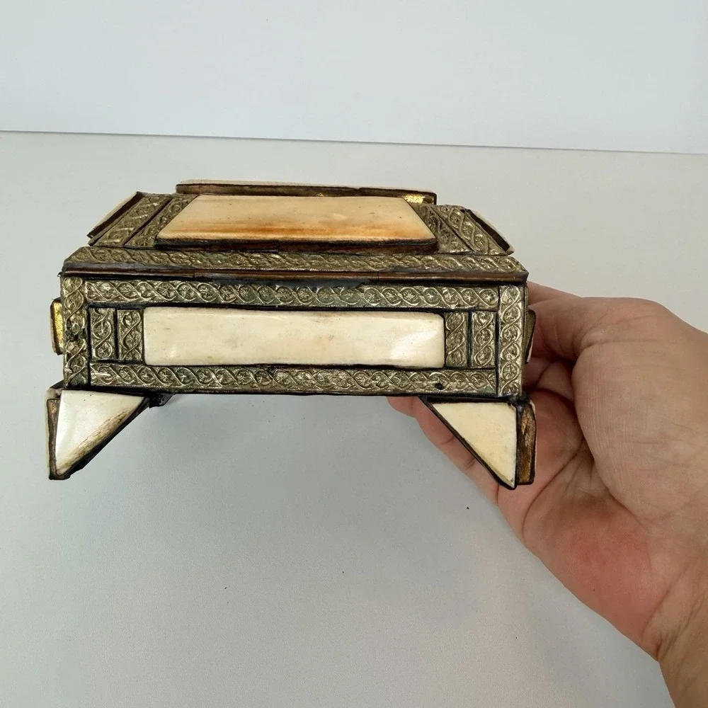 Antique Trinket Boxes Made Of Camel Bone And‎ Brass Set Of 2
